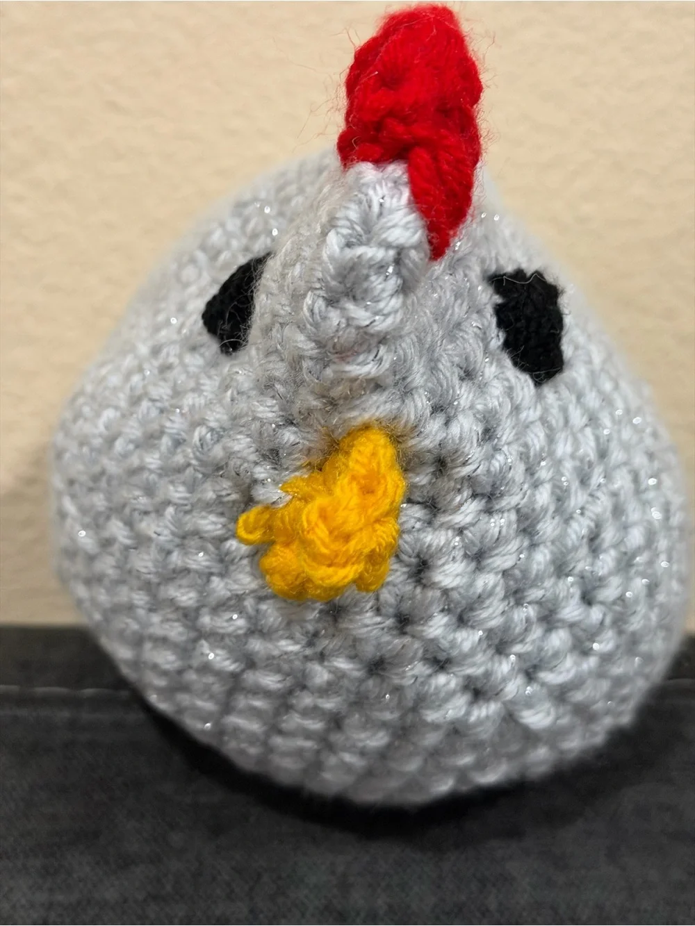 Handmade Gray Chicken Plush Bird Toy with Red Comb and Yellow Beak